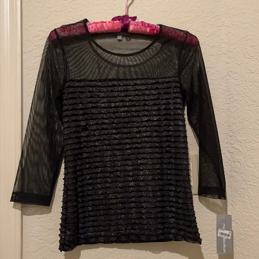 NY Collection Womens Black Illusion-Sleeve Top